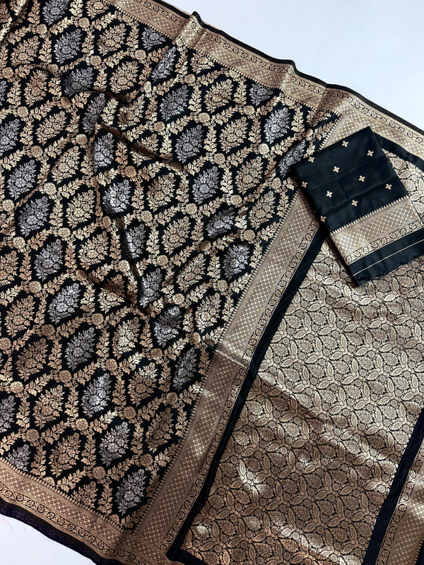 Statement Black Banarasi Silk Saree with Muted Copper & Silver Zari Jaal Buttas | Black Color Party Wear Sarees | Ships from California