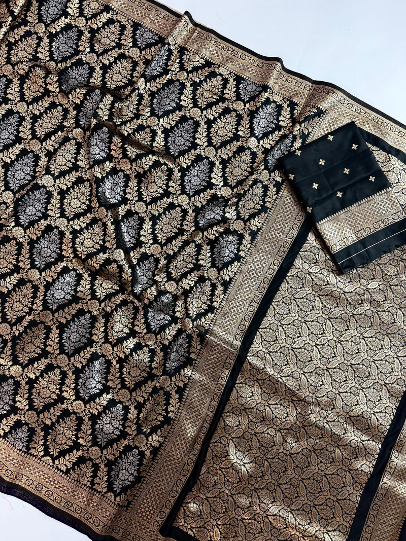 Statement Black Banarasi Silk Saree with Muted Copper & Silver Zari Jaal Buttas | Black Color Party Wear Sarees | Ships from California