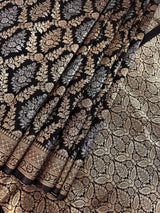 Statement Black Banarasi Silk Saree with Muted Copper & Silver Zari Jaal Buttas | Black Color Party Wear Sarees | Ships from California