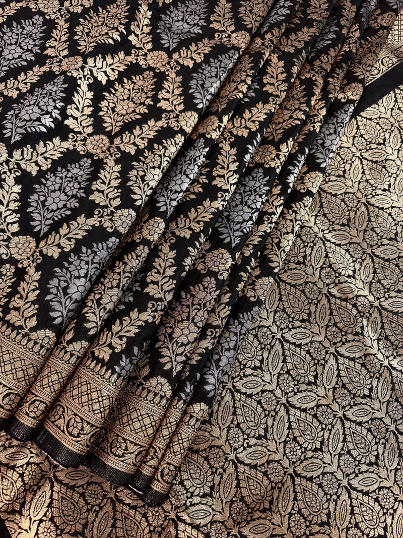 Statement Black Banarasi Silk Saree with Muted Copper & Silver Zari Jaal Buttas | Black Color Party Wear Sarees | Ships from California