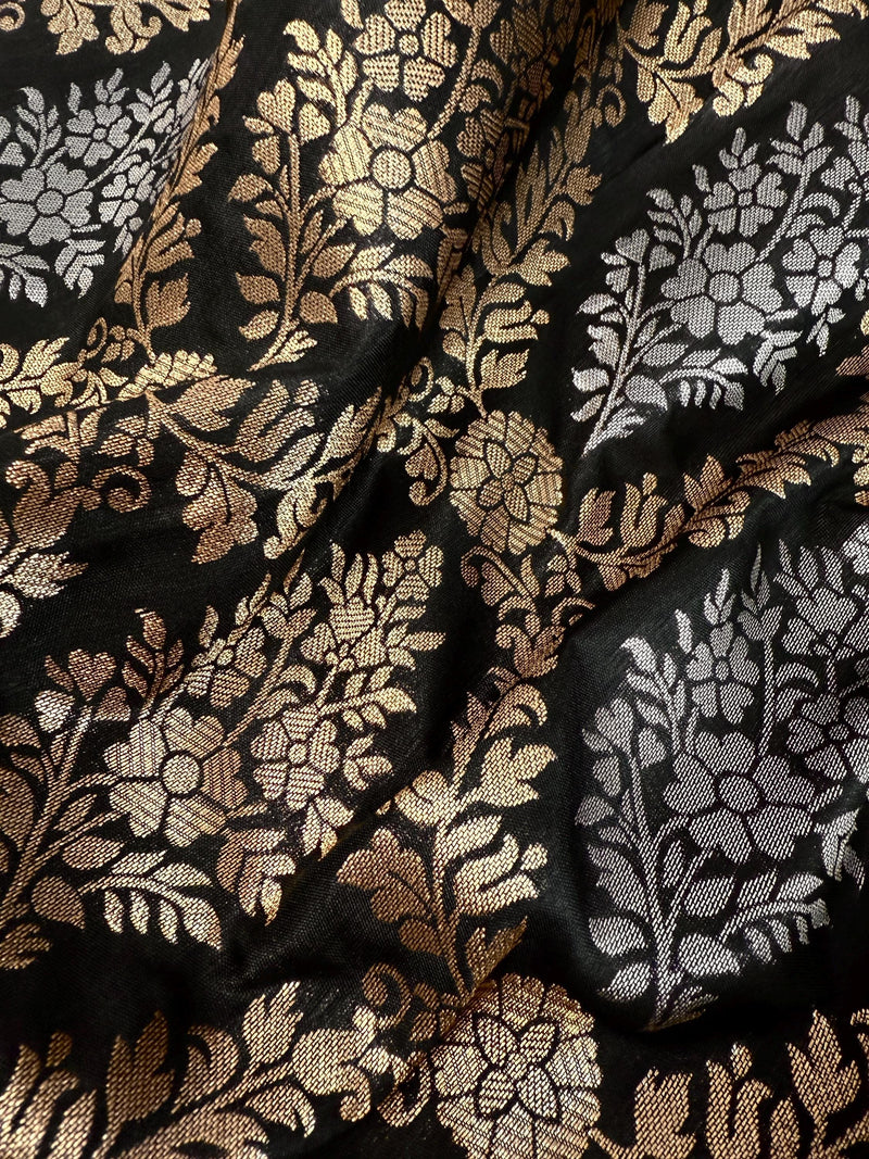 Statement Black Banarasi Silk Saree with Muted Copper & Silver Zari Jaal Buttas | Black Color Party Wear Sarees | Ships from California