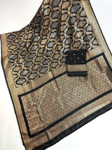 Statement Black Banarasi Silk Saree with Muted Copper & Silver Zari Jaal Buttas | Black Color Party Wear Sarees | Ships from California