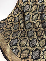 Statement Black Banarasi Silk Saree with Muted Copper & Silver Zari Jaal Buttas | Black Color Party Wear Sarees | Ships from California