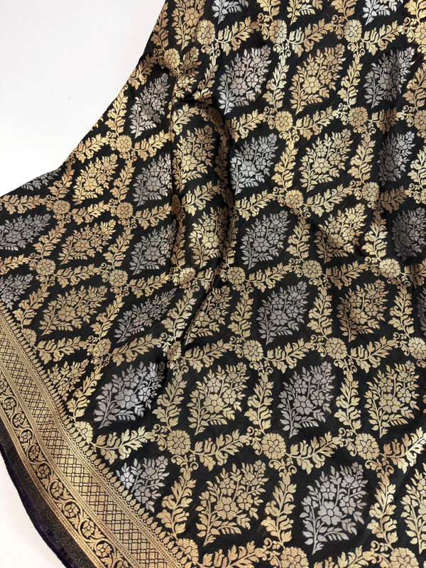 Statement Black Banarasi Silk Saree with Muted Copper & Silver Zari Jaal Buttas | Black Color Party Wear Sarees | Ships from California