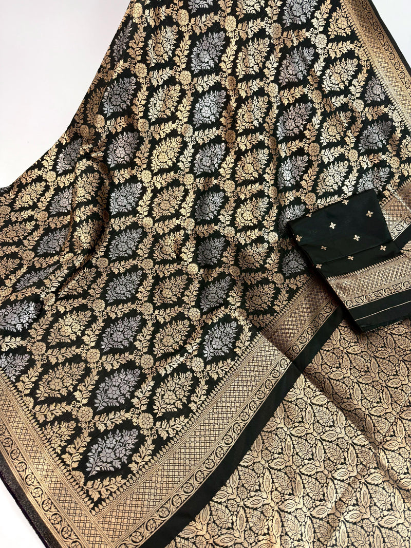 Statement Black Banarasi Silk Saree with Muted Copper & Silver Zari Jaal Buttas | Black Color Party Wear Sarees | Ships from California