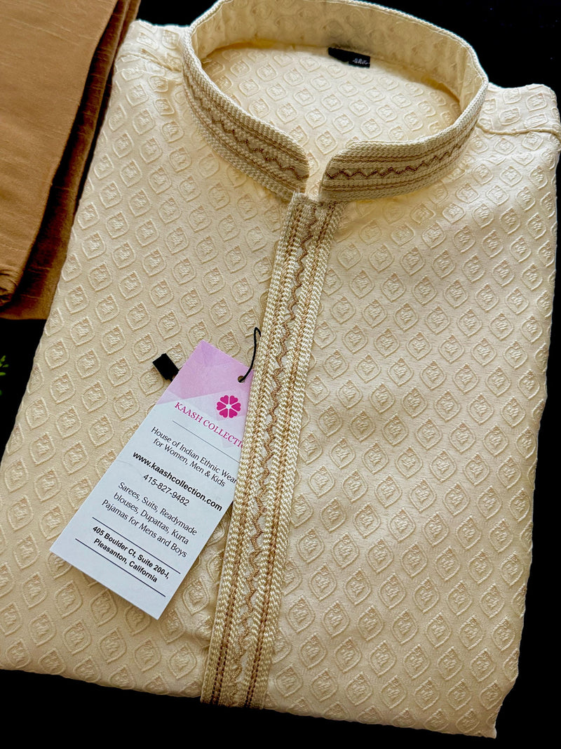 Silk Cream Gold Men Kurta Pajama with Embossed Weave Work | Mens Ethnic Wear | Indian Men Clothing USA | Wedding Wear Kurtas | Kurta Pajama