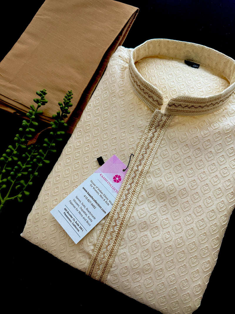 Silk Cream Gold Men Kurta Pajama with Embossed Weave Work | Mens Ethnic Wear | Indian Men Clothing USA | Wedding Wear Kurtas | Kurta Pajama