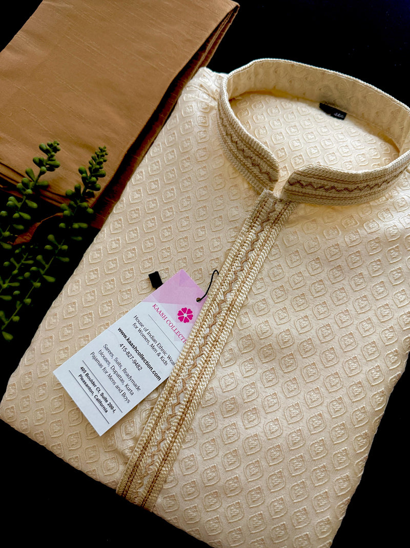 Silk Cream Gold Men Kurta Pajama with Embossed Weave Work | Mens Ethnic Wear | Indian Men Clothing USA | Wedding Wear Kurtas | Kurta Pajama