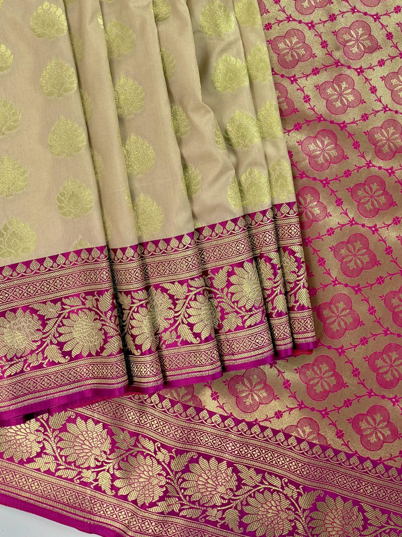 Biscuit Color Traditional Banarasi Silk Saree with Hot Pink Color Combination | Muted Gold Zari Weave