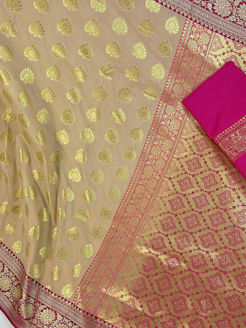 Biscuit Color Traditional Banarasi Silk Saree with Hot Pink Color Combination | Muted Gold Zari Weave