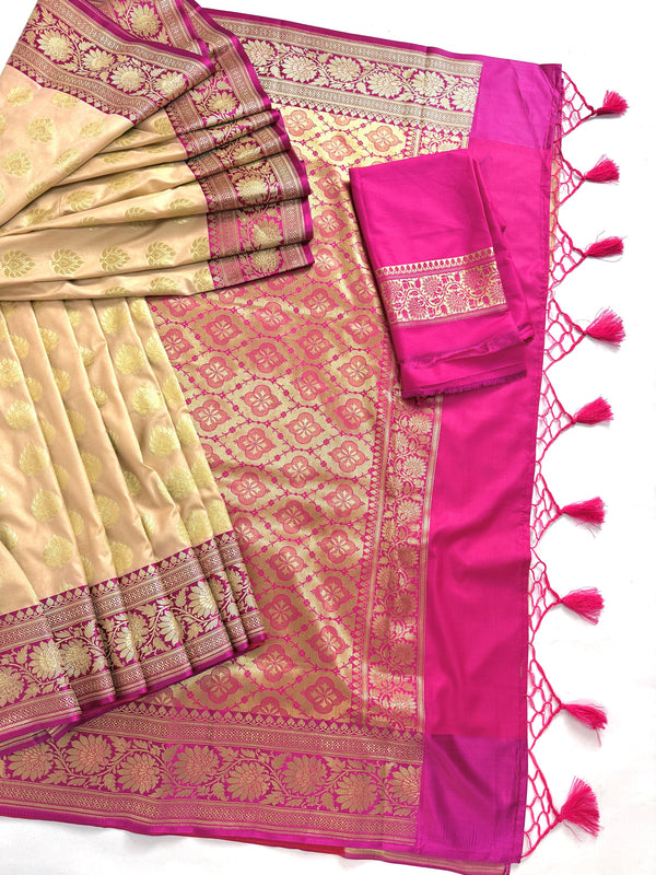 Biscuit Color Traditional Banarasi Silk Saree with Hot Pink Color Combination | Muted Gold Zari Weave