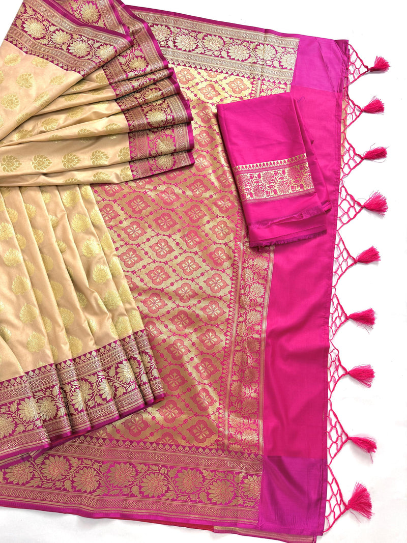 Biscuit Color Traditional Banarasi Silk Saree with Hot Pink Color Combination | Muted Gold Zari Weave