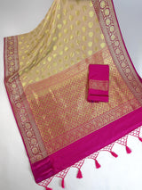 Biscuit Color Traditional Banarasi Silk Saree with Hot Pink Color Combination | Muted Gold Zari Weave