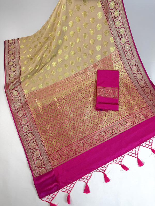 Biscuit Color Traditional Banarasi Silk Saree with Hot Pink Color Combination | Muted Gold Zari Weave