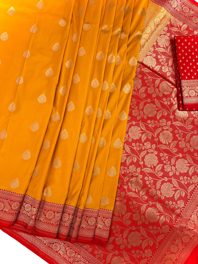 Mango Yellow Color with Deep Red Color Saree in Pure Katan Silk Saree | Pure Silk Sarees | SILK MARK CERTIFIED
