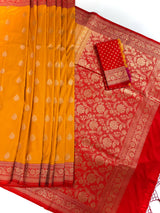 Mango Yellow Color with Deep Red Color Saree in Pure Katan Silk Saree | Pure Silk Sarees | SILK MARK CERTIFIED