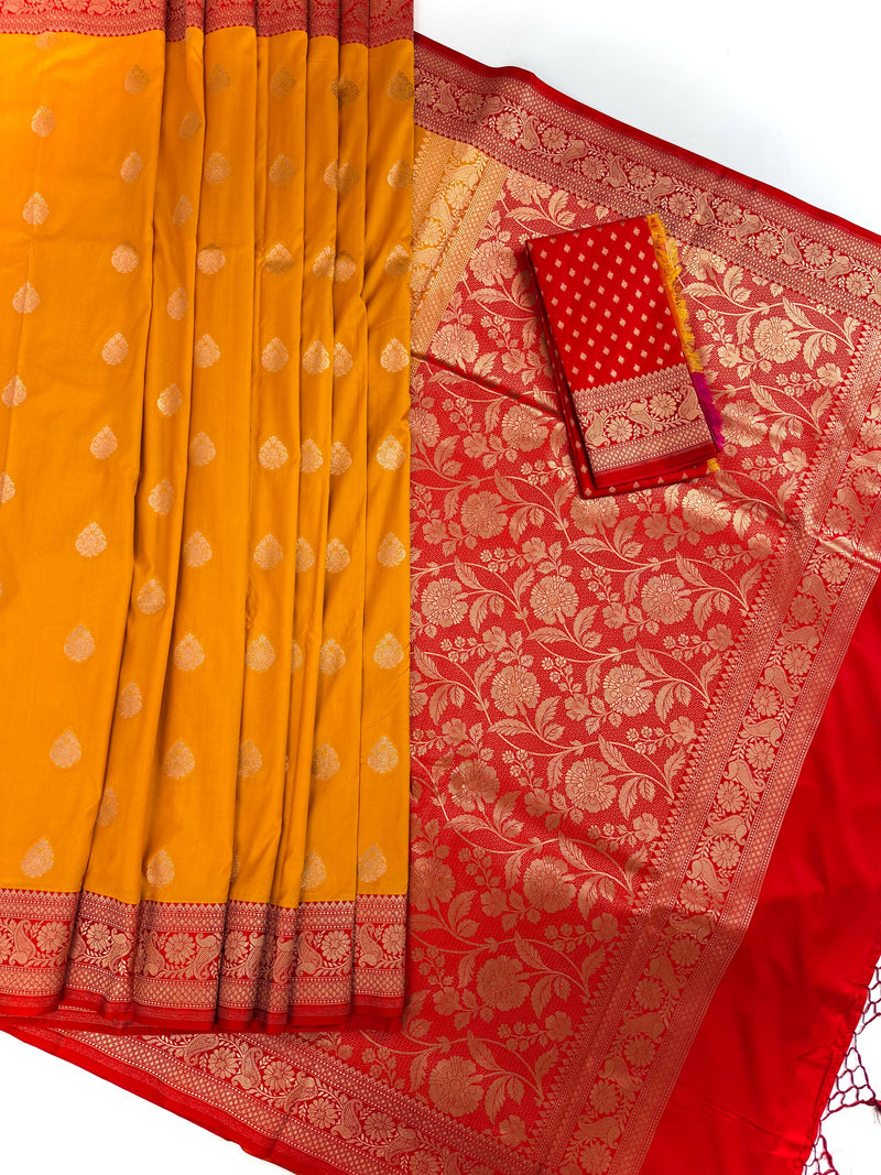 Mango Yellow Color with Deep Red Color Saree in Pure Katan Silk Saree | Pure Silk Sarees | SILK MARK CERTIFIED
