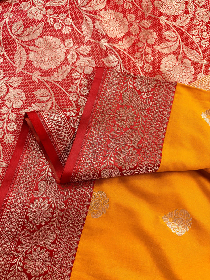 Mango Yellow Color with Deep Red Color Saree in Pure Katan Silk Saree | Pure Silk Sarees | SILK MARK CERTIFIED