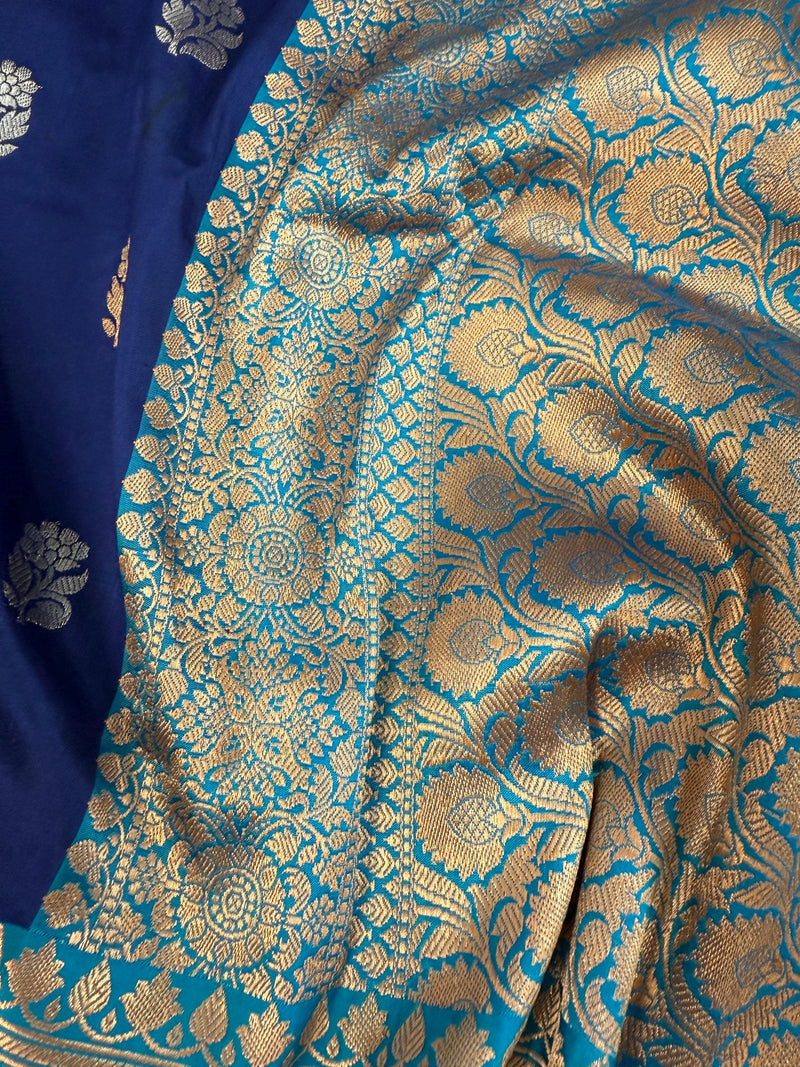 Blue Pure Katan Silk Saree with Sky Blue Color Border and Pallu | Pure Silk Sarees | SILK MARK CERTIFIED