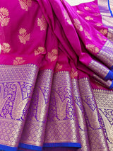Purple Pink Silk Cotton Saree  | Soft Cotton Silk Sarees | Purple and Blue wide Border with Ambi Patterns