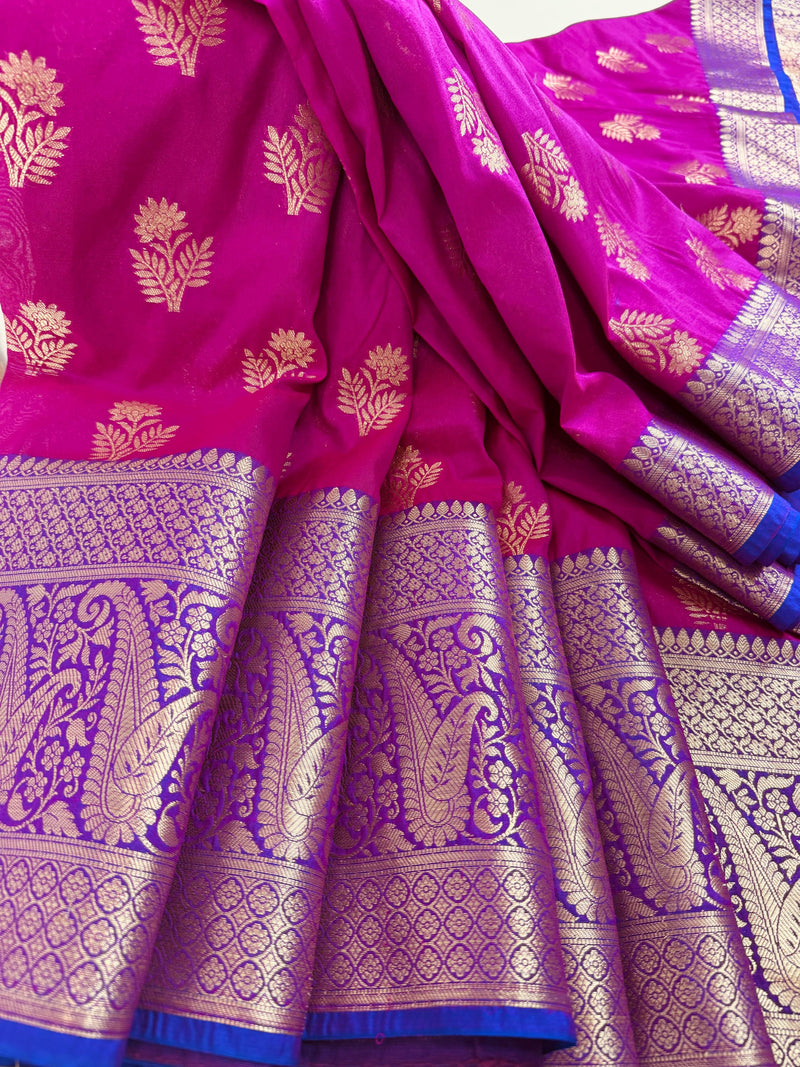 Purple Pink Silk Cotton Saree  | Soft Cotton Silk Sarees | Purple and Blue wide Border with Ambi Patterns