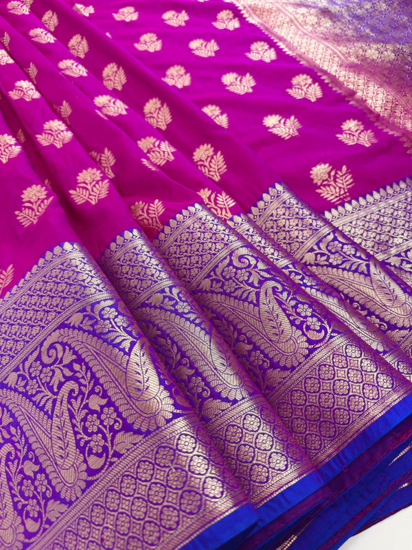 Purple Pink Silk Cotton Saree  | Soft Cotton Silk Sarees | Purple and Blue wide Border with Ambi Patterns