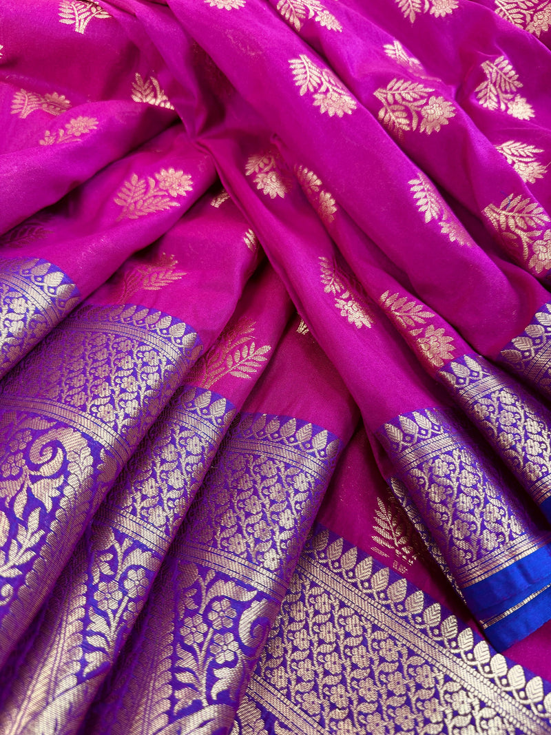Purple Pink Silk Cotton Saree  | Soft Cotton Silk Sarees | Purple and Blue wide Border with Ambi Patterns