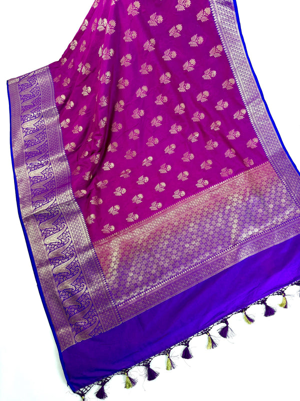 Purple Pink Silk Cotton Saree  | Soft Cotton Silk Sarees | Purple and Blue wide Border with Ambi Patterns
