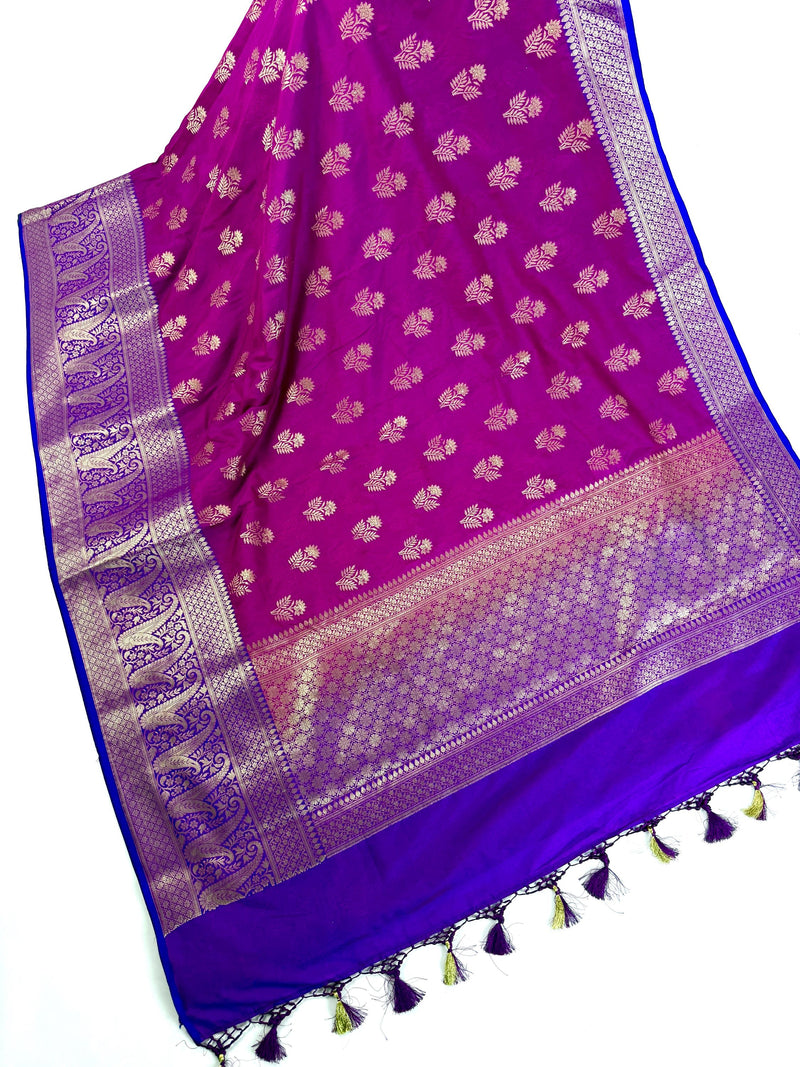 Purple Pink Silk Cotton Saree  | Soft Cotton Silk Sarees | Purple and Blue wide Border with Ambi Patterns