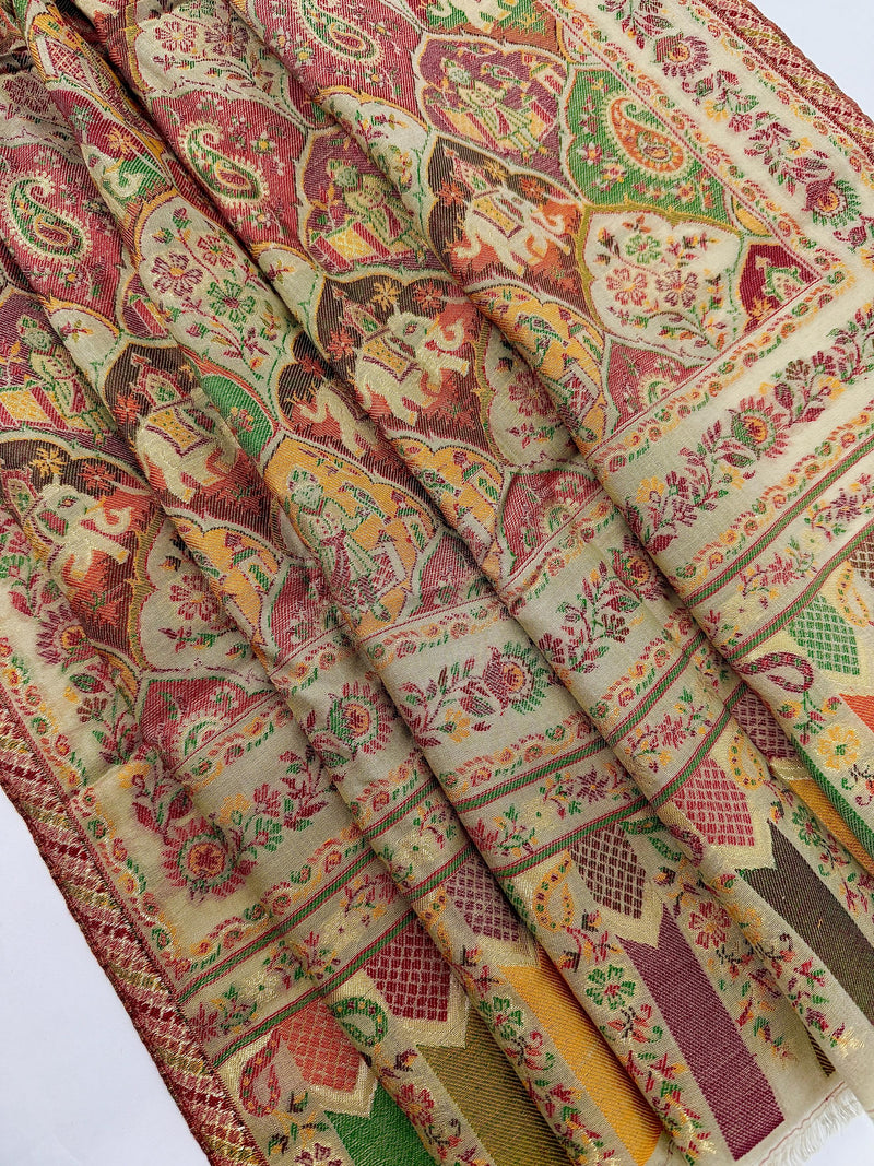 Light Beige Color Pure Pashmina Kani Weave Kashmiri Shawl with Modal Zari and Kalamkari | Cashmere Stole | Mugul Era Depiction