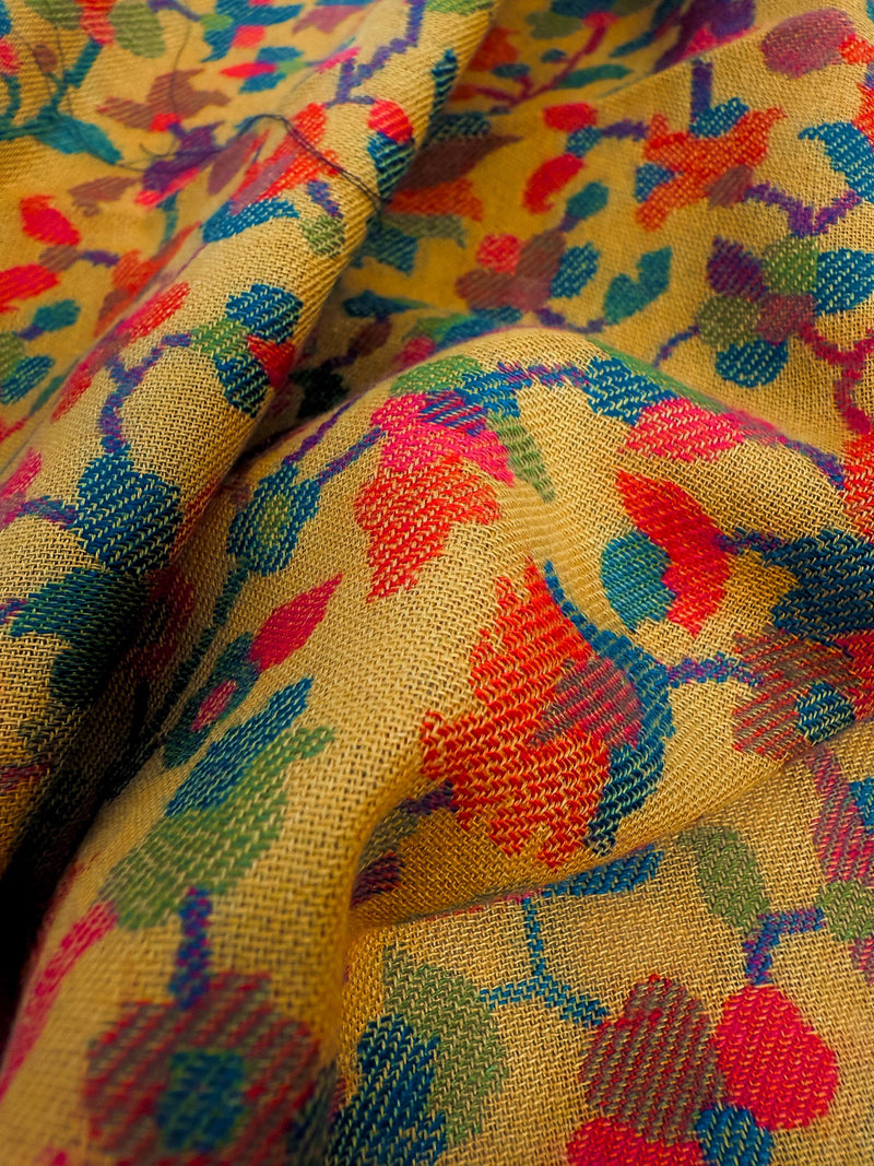 Mustard Yellow Pure Pashmina Kani Weave Kashmiri Shawl | Kani Weave Cashmere Wrap | Floral Cashmere Shawl | Cashmere Stole | Wedding Gift