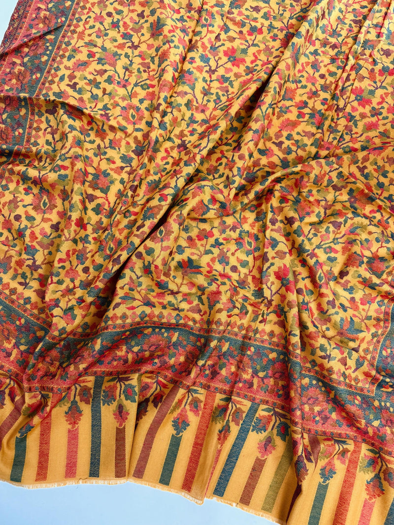Mustard Yellow Pure Pashmina Kani Weave Kashmiri Shawl | Kani Weave Cashmere Wrap | Floral Cashmere Shawl | Cashmere Stole | Wedding Gift