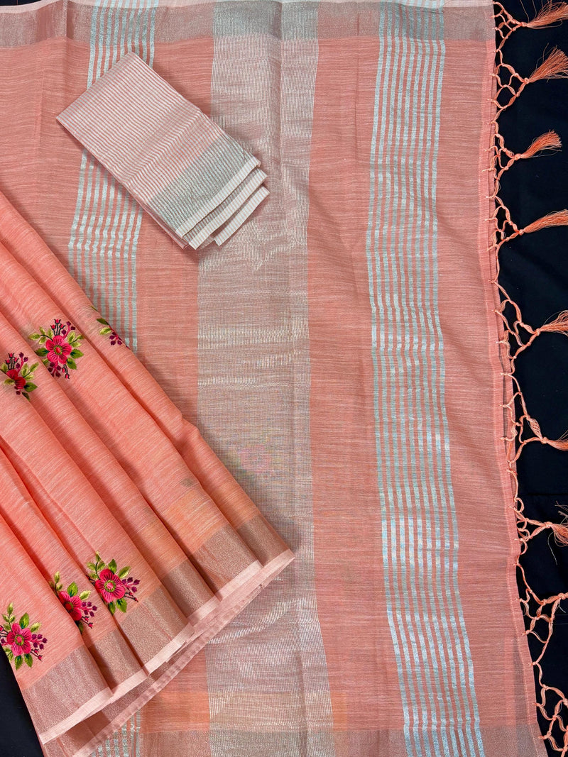 Pastel Peach Linen Silk Saree with  Floral Embroidery with Zari Work  | Linen Saree | Embroidery Saree |  Kaash Collection