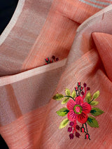 Pastel Peach Linen Silk Saree with  Floral Embroidery with Zari Work  | Linen Saree | Embroidery Saree |  Kaash Collection