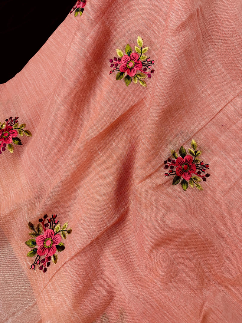 Pastel Peach Linen Silk Saree with  Floral Embroidery with Zari Work  | Linen Saree | Embroidery Saree |  Kaash Collection