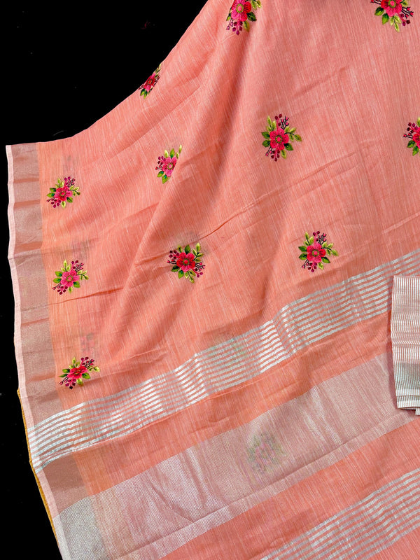 Pastel Peach Linen Silk Saree with  Floral Embroidery with Zari Work  | Linen Saree | Embroidery Saree |  Kaash Collection