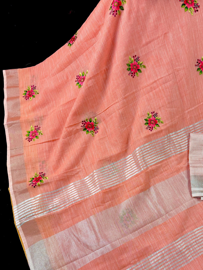 Pastel Peach Linen Silk Saree with  Floral Embroidery with Zari Work  | Linen Saree | Embroidery Saree |  Kaash Collection