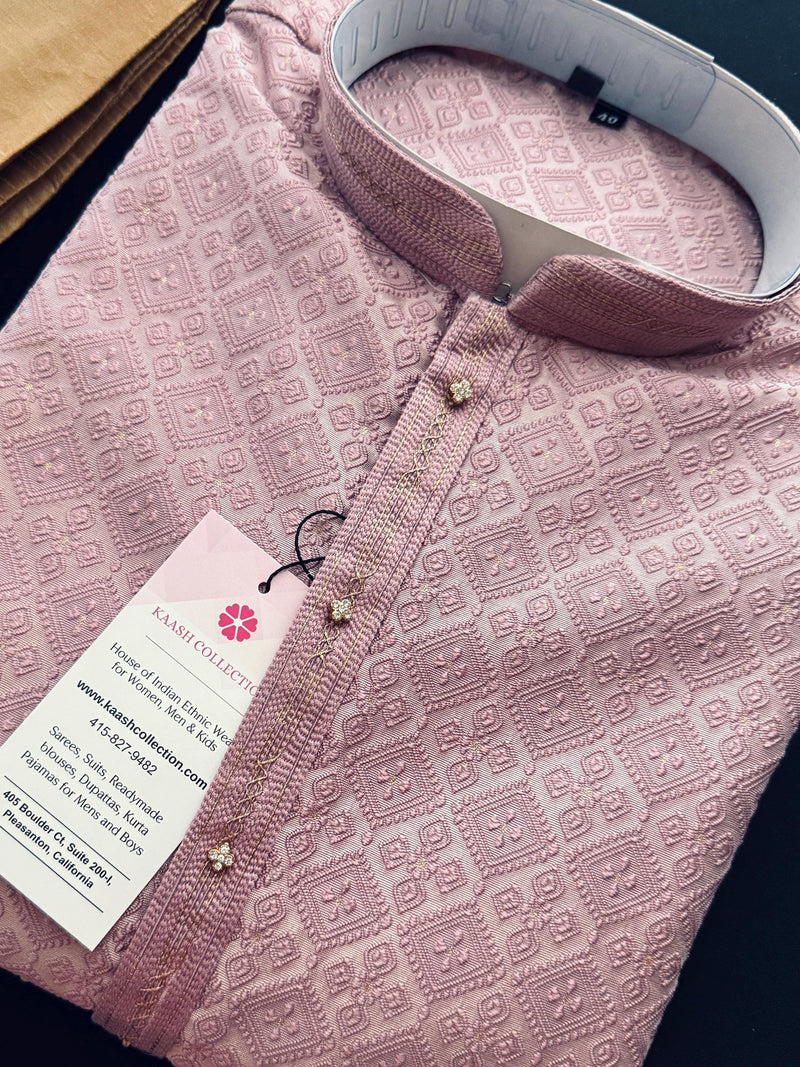 Dusty Pink Men Kurta Pajama with Embossed Embroidery and Zari | Sherwani Style Kurta  | Wedding Kurtas | Kurta Store USA