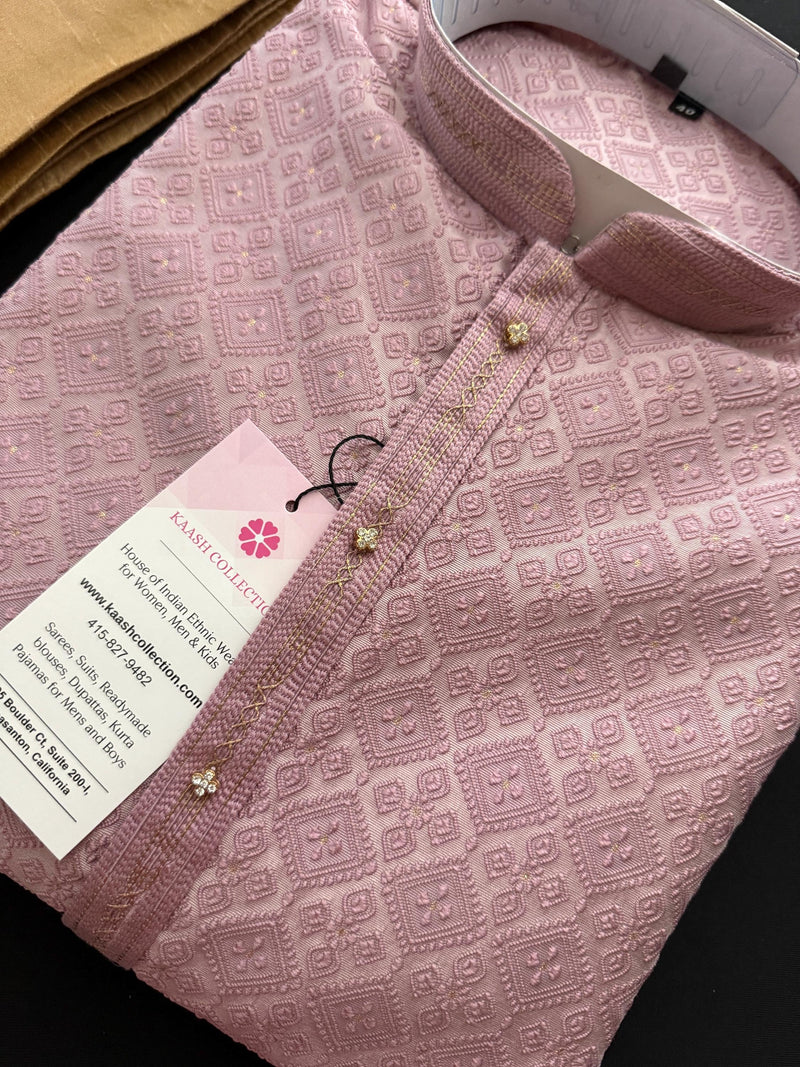 Dusty Pink Men Kurta Pajama with Embossed Embroidery and Zari | Sherwani Style Kurta  | Wedding Kurtas | Kurta Store USA