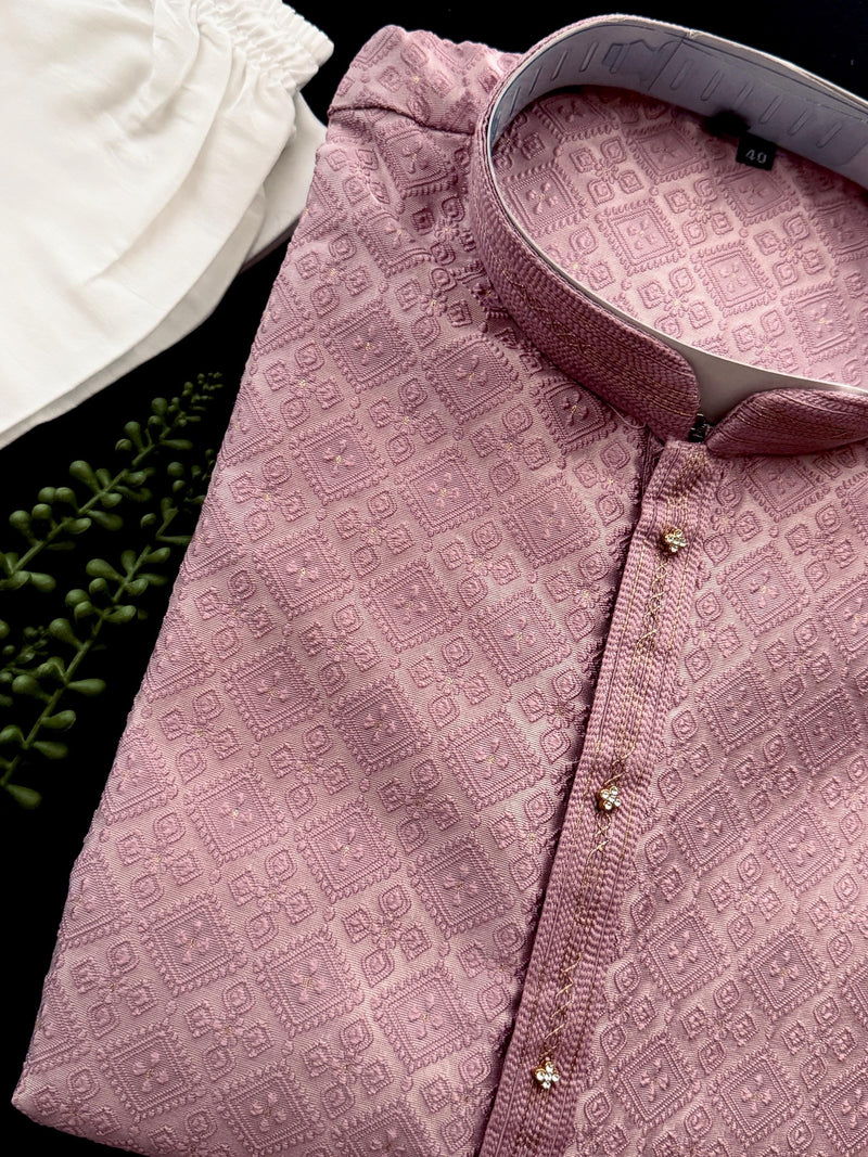 Dusty Pink Men Kurta Pajama with Embossed Embroidery and Zari | Sherwani Style Kurta  | Wedding Kurtas | Kurta Store USA