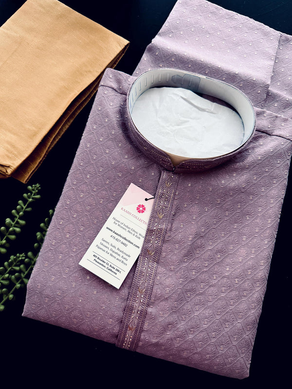 Pastel Lavender Color Kurta with Self Embroidery and Tiny Zari Buttis | Designer Kurta Pajama Set for Men | Wedding & Party Wear
