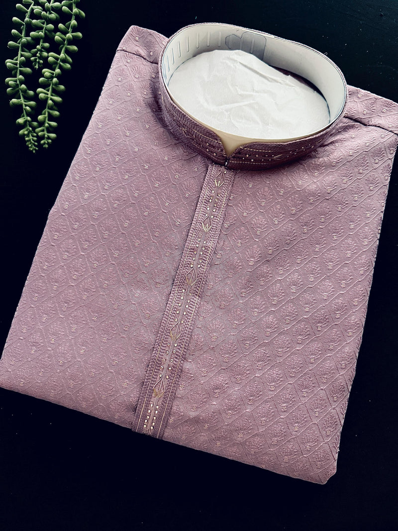 Pastel Lavender Color Kurta with Self Embroidery and Tiny Zari Buttis | Designer Kurta Pajama Set for Men | Wedding & Party Wear