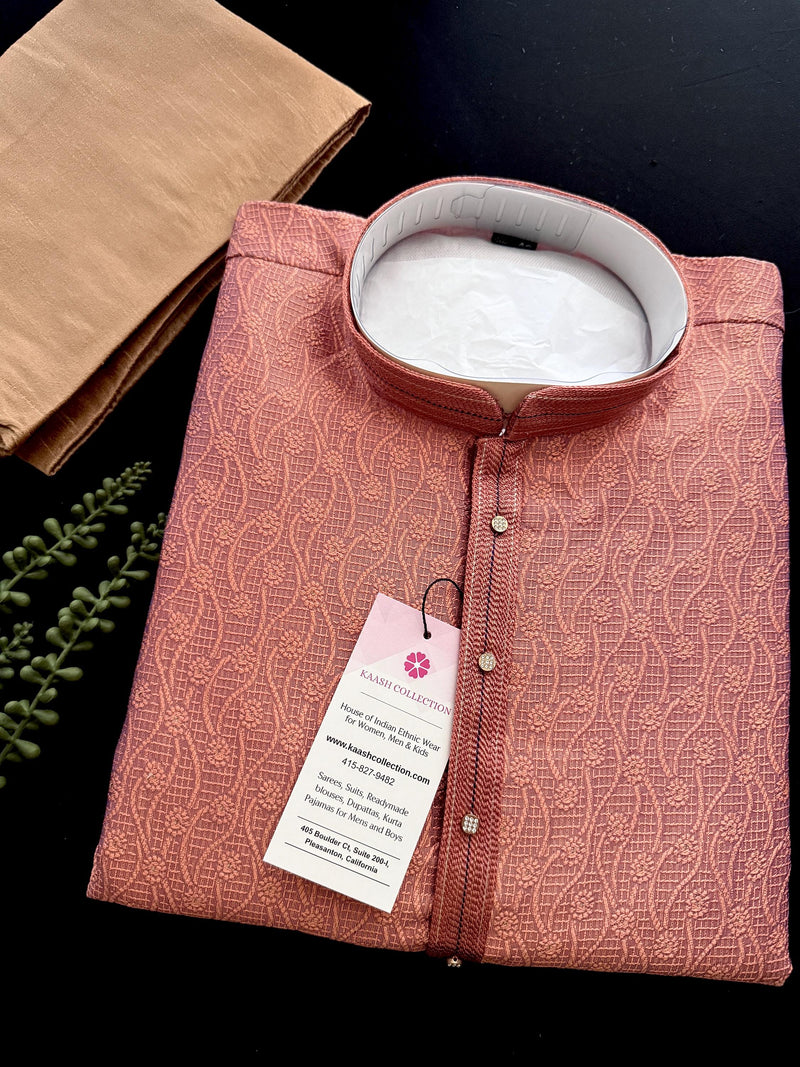 Designer Peach Color with undertone of Blue Men's Kurta with bottom with Embossed Embroidery Work | Kurta Sets for Wedding and Parties
