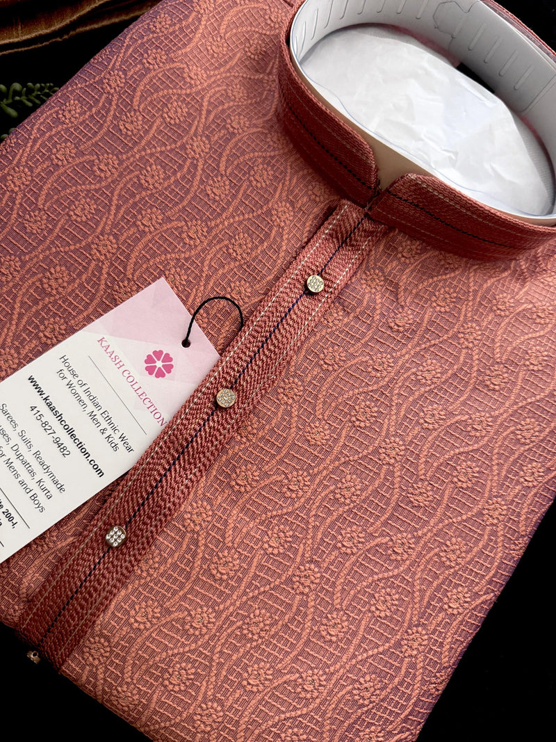 Designer Peach Color with undertone of Blue Men's Kurta with bottom with Embossed Embroidery Work | Kurta Sets for Wedding and Parties
