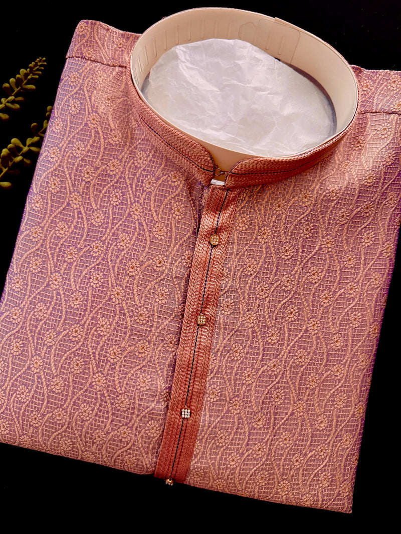 Designer Peach Color with undertone of Blue Men's Kurta with bottom with Embossed Embroidery Work | Kurta Sets for Wedding and Parties