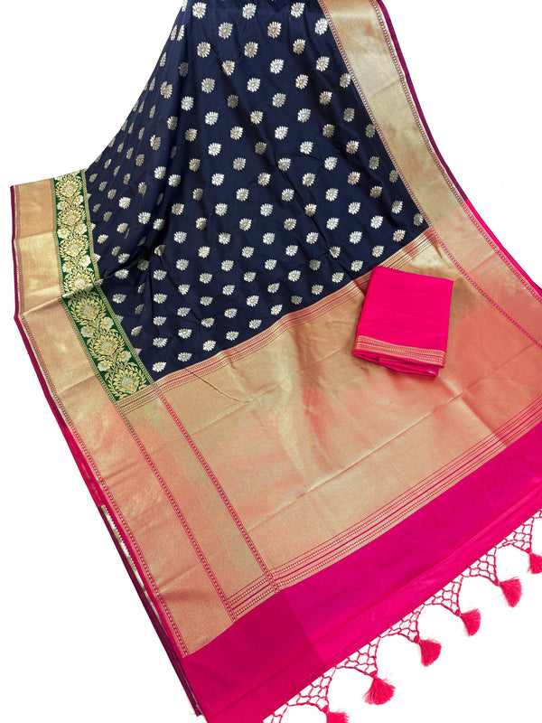 Statement Handmade Blue Color Banarasi Soft Silk Handloom Saree with Green and Pink Border and Pallu | Ships from California