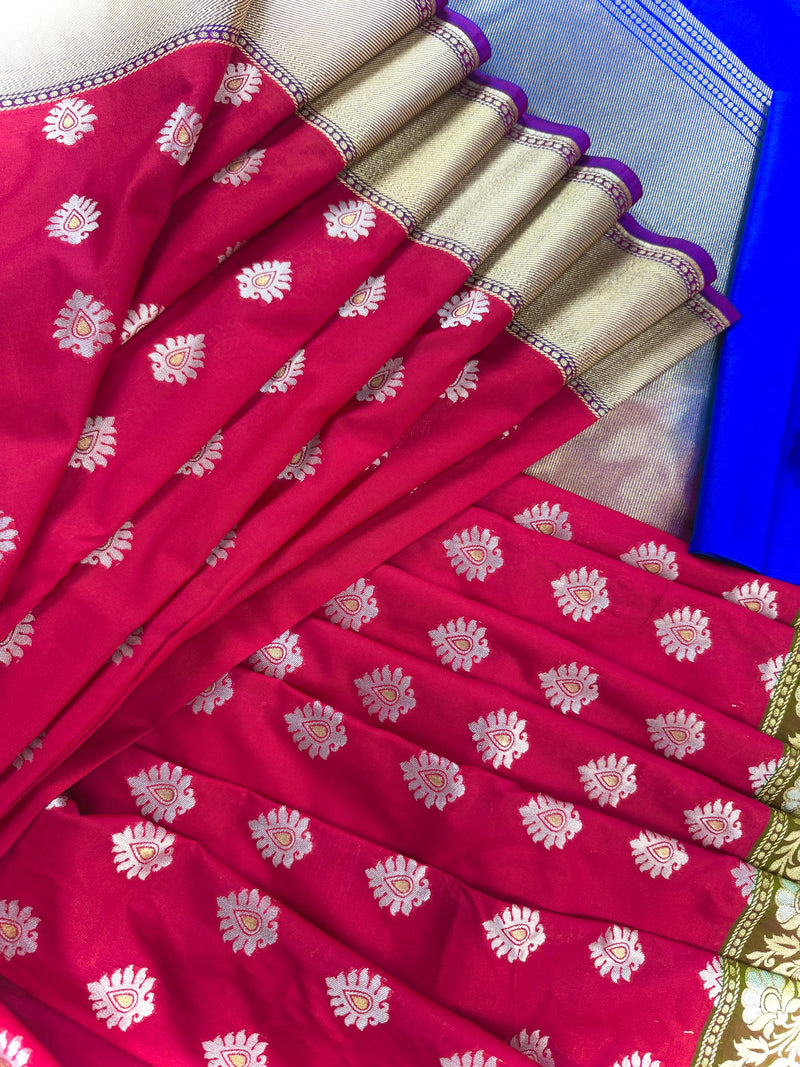 Statement Handmade Deep Magenta Pink Color Banarasi Soft Silk Handloom Saree with Green, Purple and Blue Border and Pallu