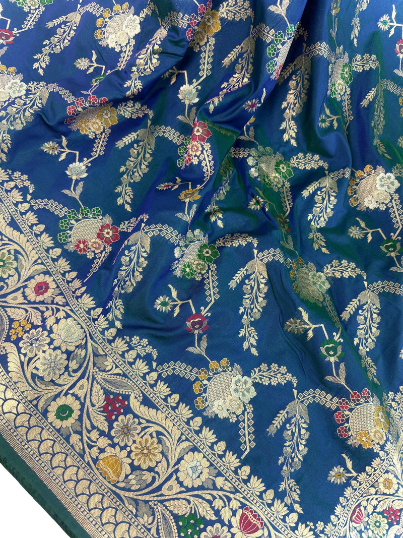 Dual tone Dull Peacock Blue Saree with Meenakari Floral Jaal Pattern with Muted Gold Zari | Banarasi Jaal Saree in dual tone