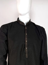 Black Color Raw Silk Men Kurta Pajama with Self Design material with Self Weave Pattern | Men Ethnic Wear | Wedding Wear Kurta