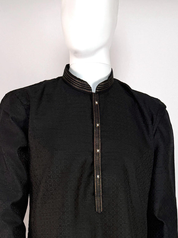Black Color Raw Silk Men Kurta Pajama with Self Design material with Self Weave Pattern | Men Ethnic Wear | Wedding Wear Kurta